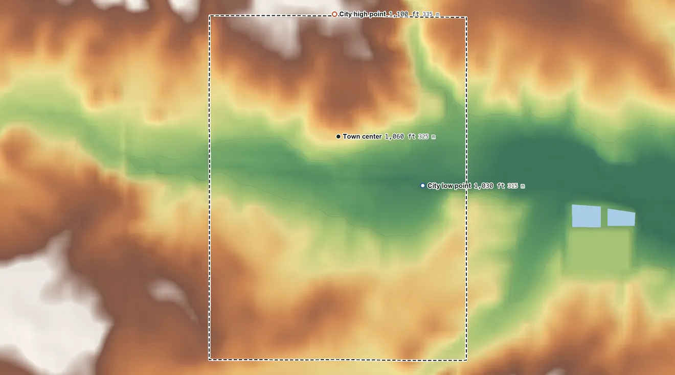 Topographic elevation map of Zearing, Iowa, shaded from 1,030 ft on the southeast side to 1,100 ft on the north side