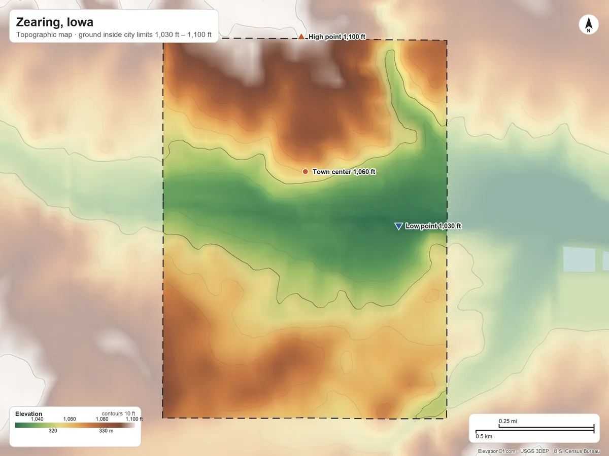 Topographic elevation map of Zearing, Iowa, shaded from 1,030 ft on the southeast side to 1,100 ft on the north side