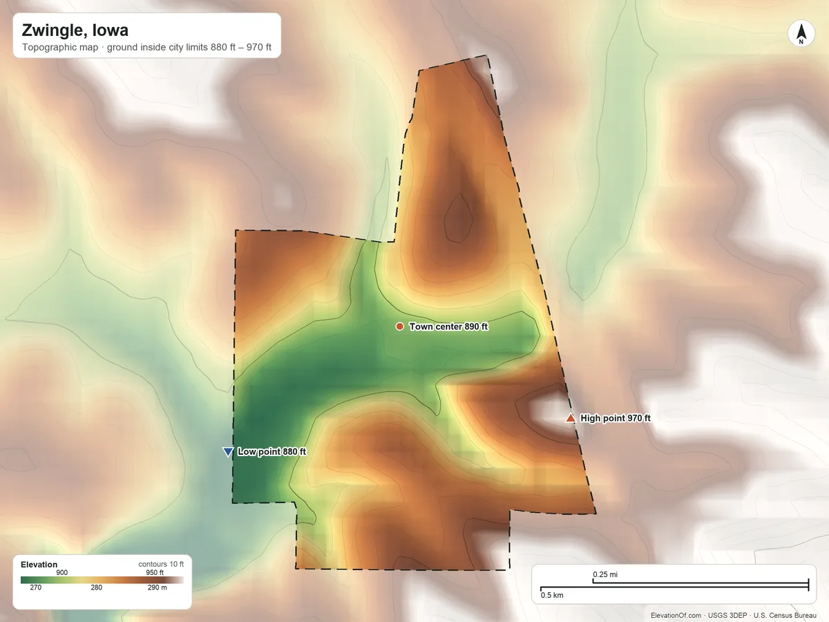 Topographic elevation map of Zwingle, Iowa, shaded from 880 ft on the southwest side to 970 ft on the southeast side
