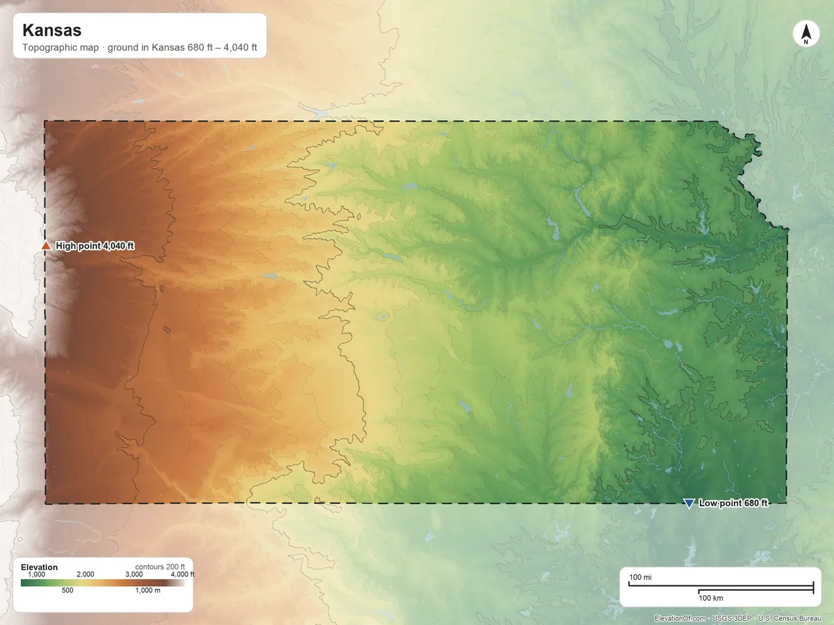 Topographic elevation map of Kansas, shaded from 680 ft on the southeast side to 4,040 ft on Mount Sunflower