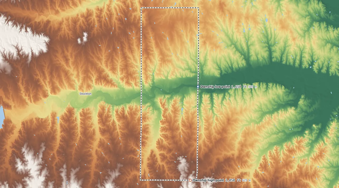 Topographic elevation map of 1, Rooks County, Kansas, shaded from 1,650 ft on the east side to 2,050 ft on the south side