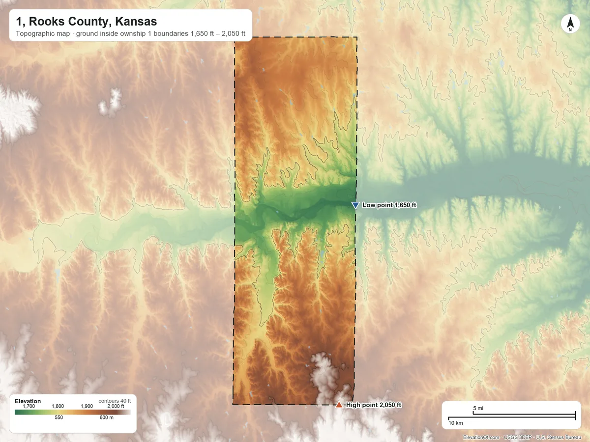 Topographic elevation map of 1, Rooks County, Kansas, shaded from 1,650 ft on the east side to 2,050 ft on the south side