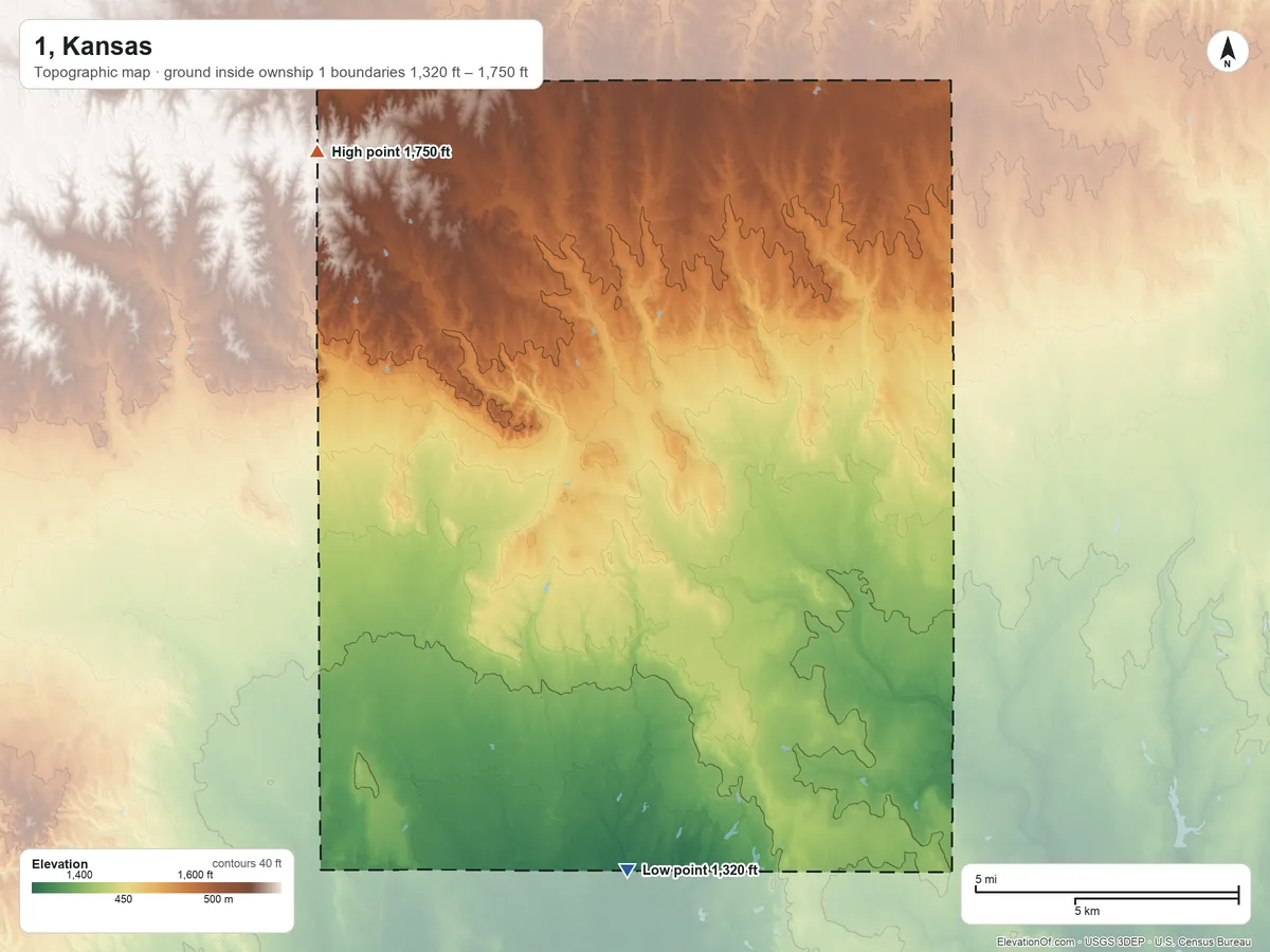 Topographic elevation map of 1, Kansas, shaded from 1,320 ft on the south side to 1,750 ft on the northwest side