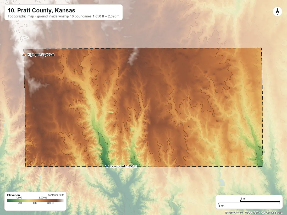 Topographic elevation map of 10, Pratt County, Kansas, shaded from 1,850 ft on the southwest side to 2,090 ft on the northwest side
