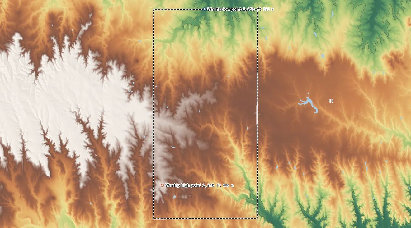 Topographic elevation map of 10, Kansas, shaded from 1,950 ft on the north side to 2,240 ft on the southwest side