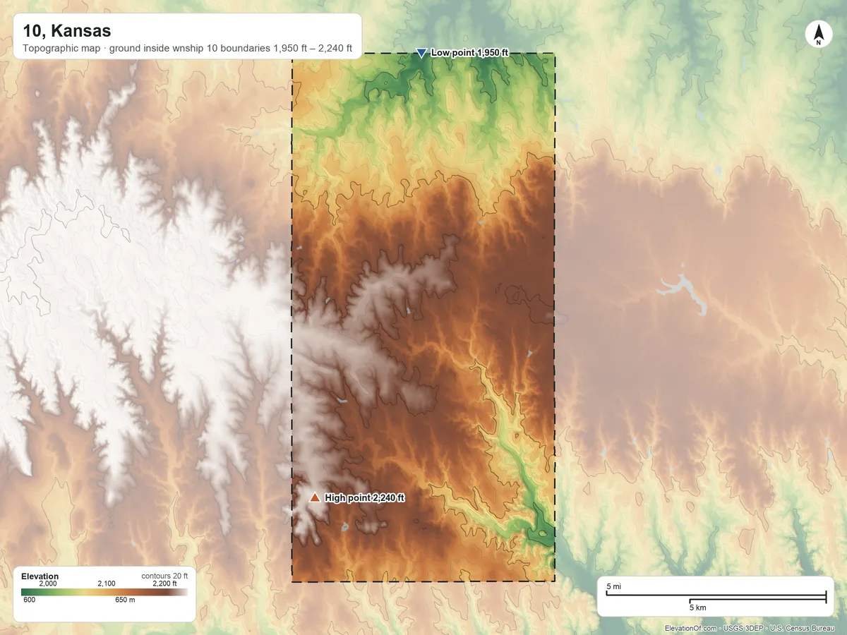 Topographic elevation map of 10, Kansas, shaded from 1,950 ft on the north side to 2,240 ft on the southwest side
