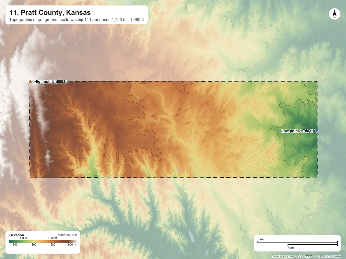 Topographic elevation map of 11, Pratt County, Kansas, shaded from 1,750 ft on the east side to 1,980 ft on the northwest side