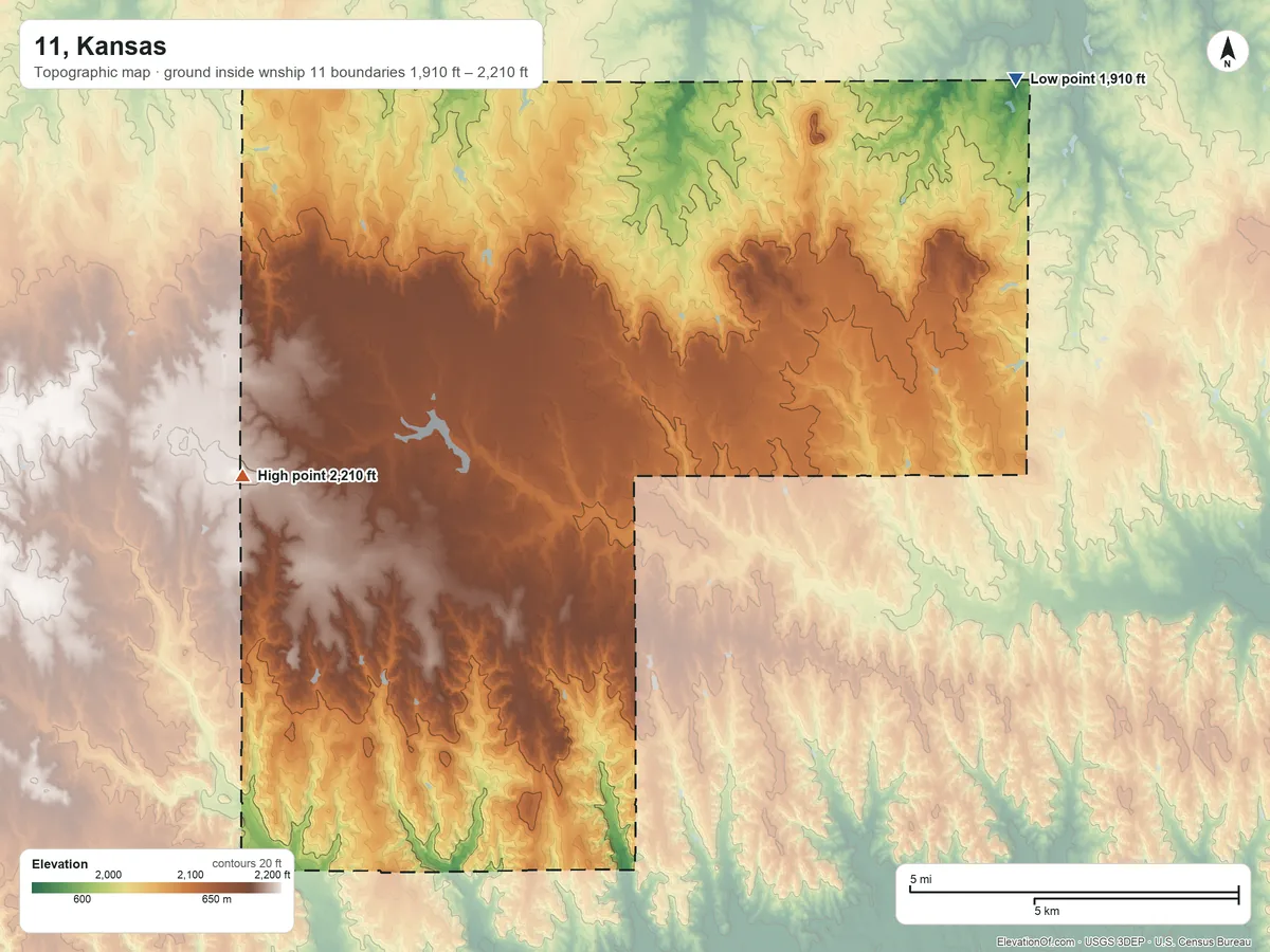 Topographic elevation map of 11, Kansas, shaded from 1,910 ft on the northeast side to 2,210 ft on the west side