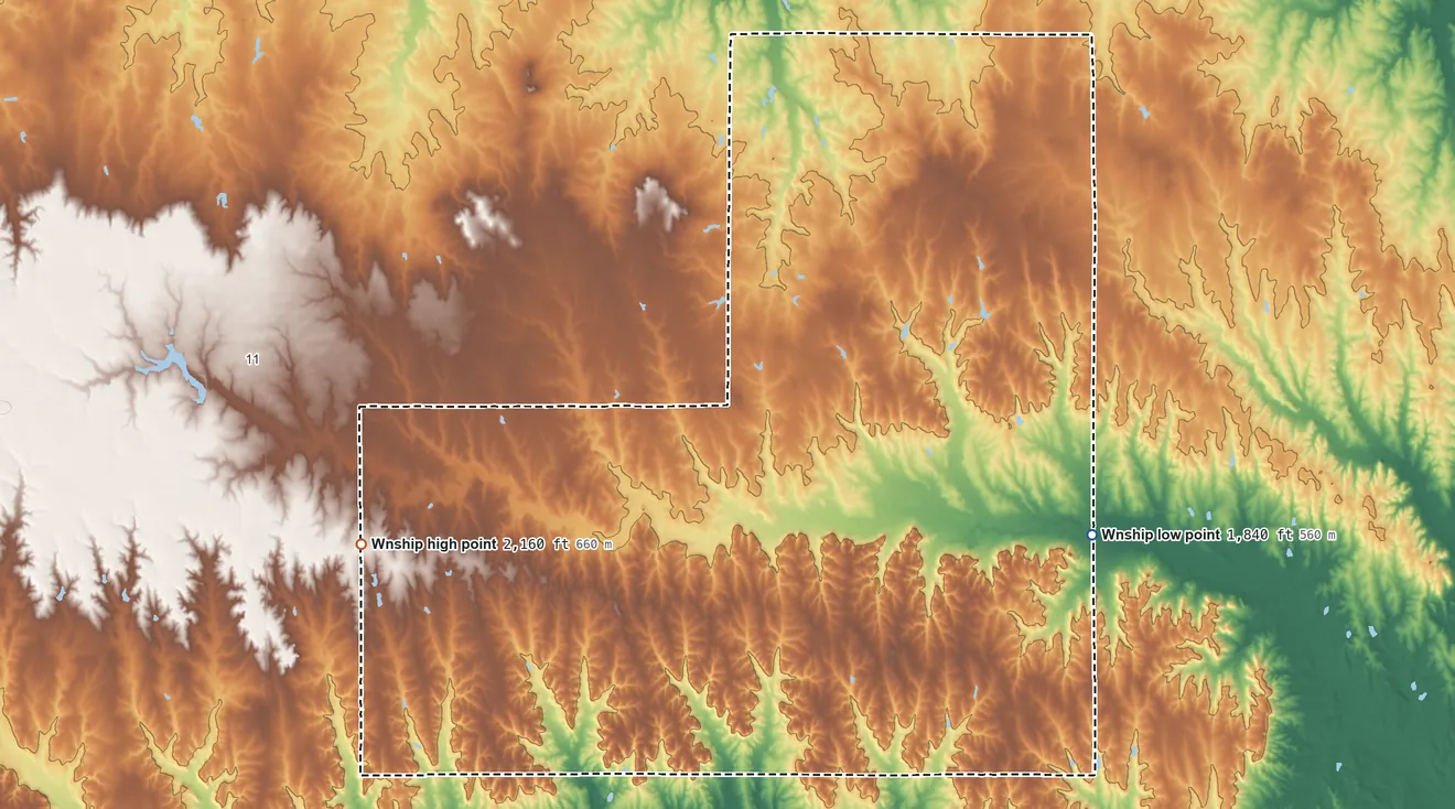 Topographic elevation map of 12, Rooks County, Kansas, shaded from 1,840 ft on the east side to 2,160 ft on the west side