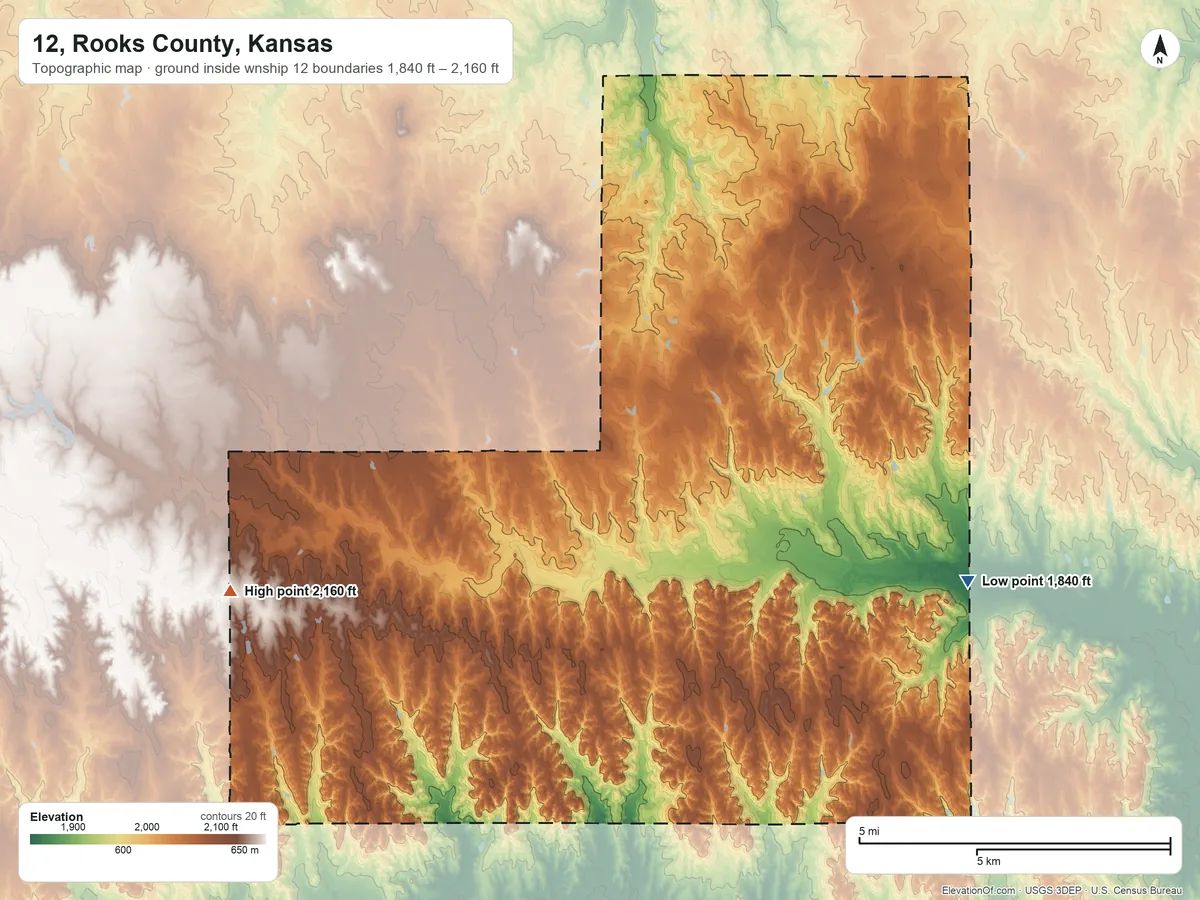 Topographic elevation map of 12, Rooks County, Kansas, shaded from 1,840 ft on the east side to 2,160 ft on the west side