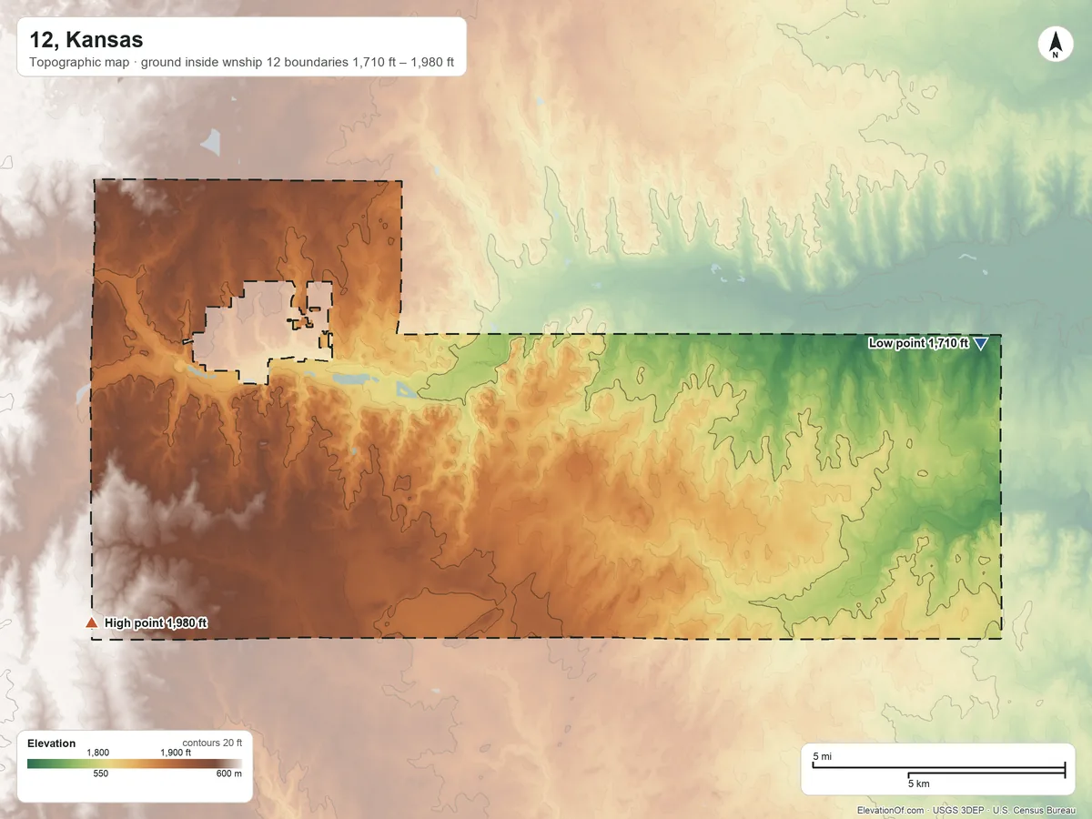 Topographic elevation map of 12, Kansas, shaded from 1,710 ft on the east side to 1,980 ft on the southwest side