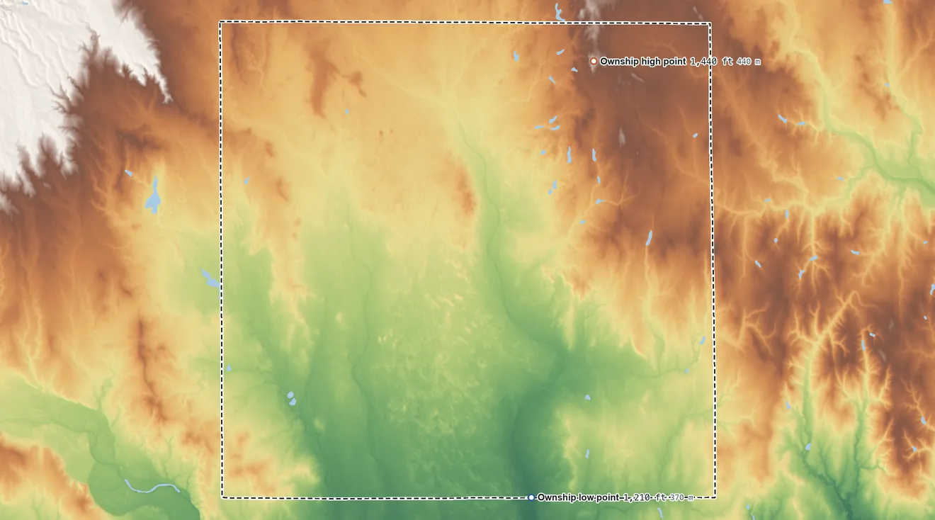 Topographic elevation map of 2, Harper County, Kansas, shaded from 1,210 ft on the south side to 1,440 ft on the northeast side