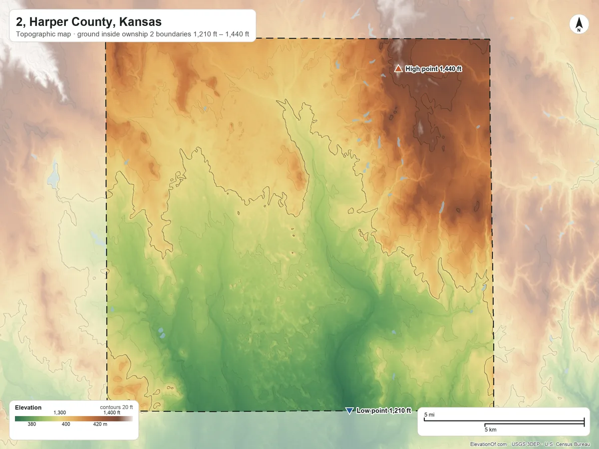 Topographic elevation map of 2, Harper County, Kansas, shaded from 1,210 ft on the south side to 1,440 ft on the northeast side