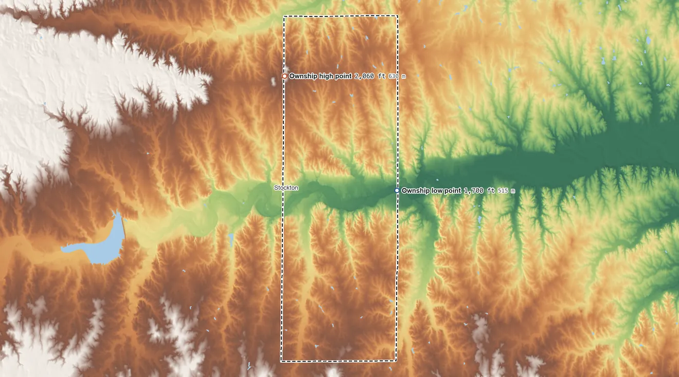 Topographic elevation map of 2, Rooks County, Kansas, shaded from 1,700 ft on the east side to 2,060 ft on the north side
