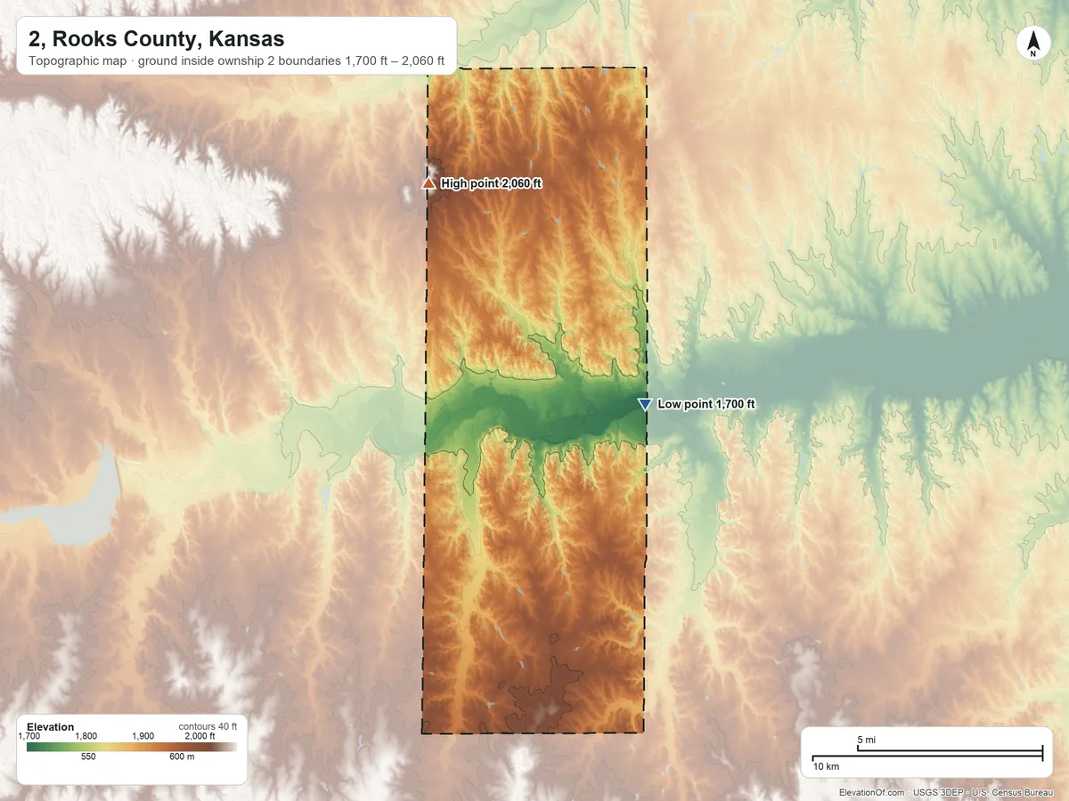 Topographic elevation map of 2, Rooks County, Kansas, shaded from 1,700 ft on the east side to 2,060 ft on the north side
