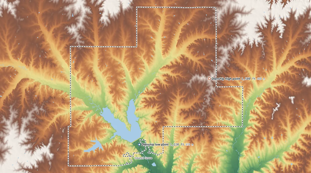 Topographic elevation map of 2, Kansas, shaded from 1,220 ft on the south side to 1,500 ft on the northeast side