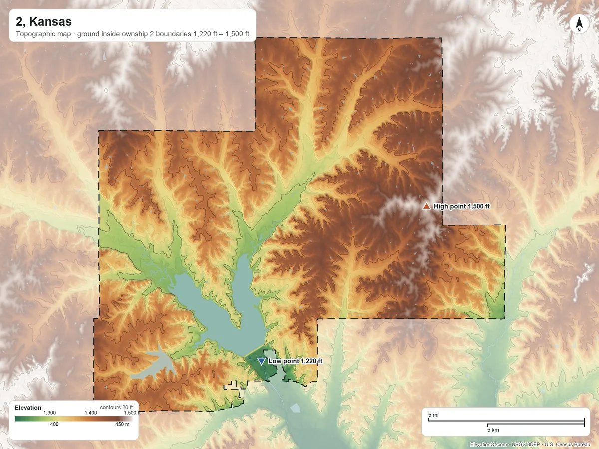 Topographic elevation map of 2, Kansas, shaded from 1,220 ft on the south side to 1,500 ft on the northeast side