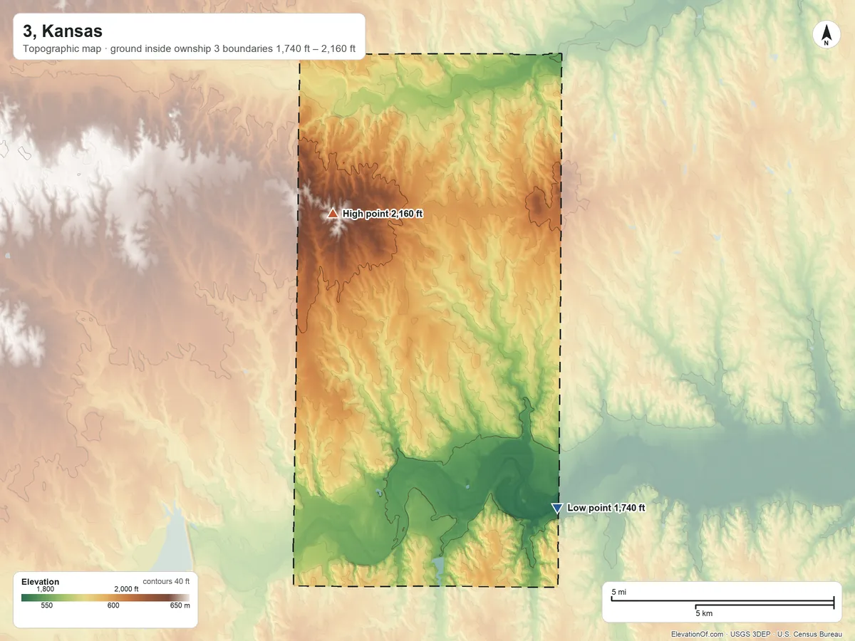 Topographic elevation map of 3, Kansas, shaded from 1,740 ft on the south side to 2,160 ft on the northwest side