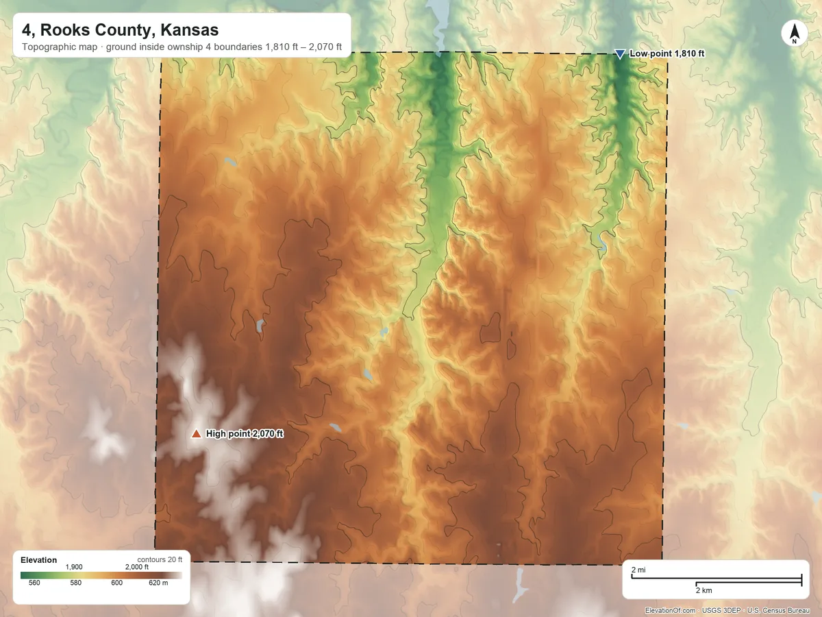 Topographic elevation map of 4, Rooks County, Kansas, shaded from 1,810 ft near the middle to 2,070 ft on the southwest side