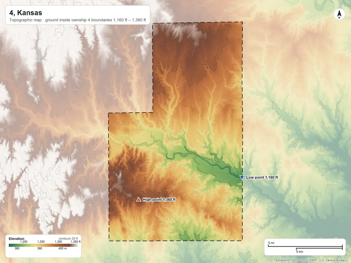 Topographic elevation map of 4, Kansas, shaded from 1,160 ft on the southeast side to 1,360 ft on the southwest side