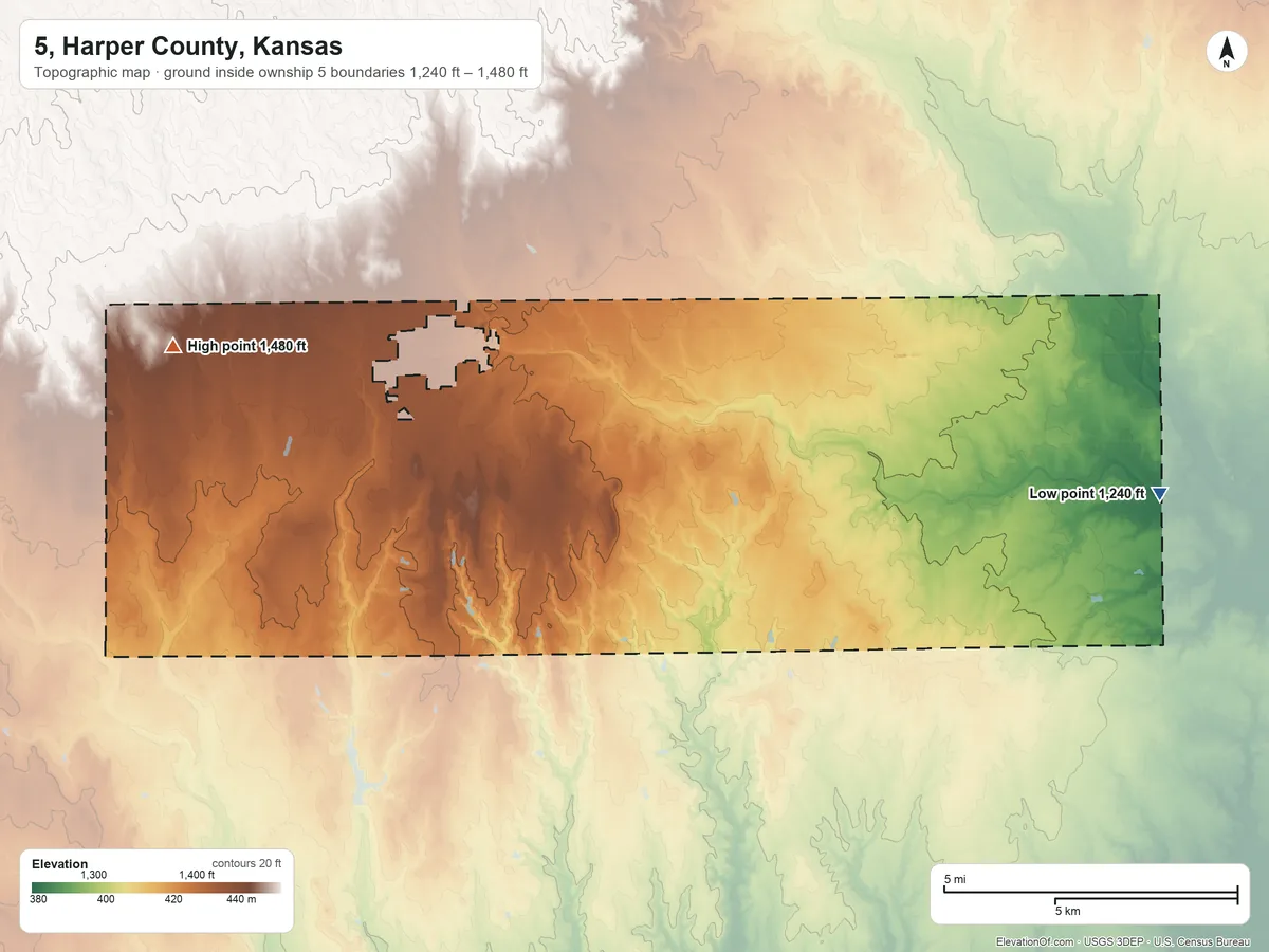 Topographic elevation map of 5, Harper County, Kansas, shaded from 1,240 ft on the east side to 1,480 ft on the west side