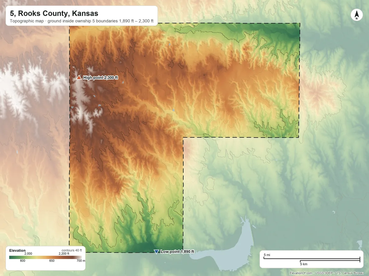 Topographic elevation map of 5, Rooks County, Kansas, shaded from 1,890 ft on the south side to 2,300 ft on the northwest side
