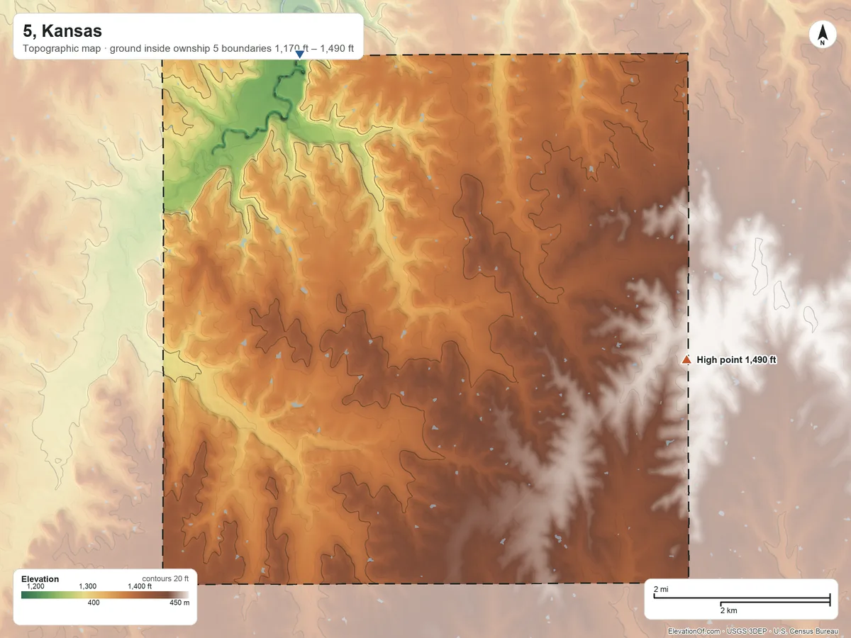 Topographic elevation map of 5, Kansas, shaded from 1,170 ft on the northwest side to 1,490 ft on the northeast side