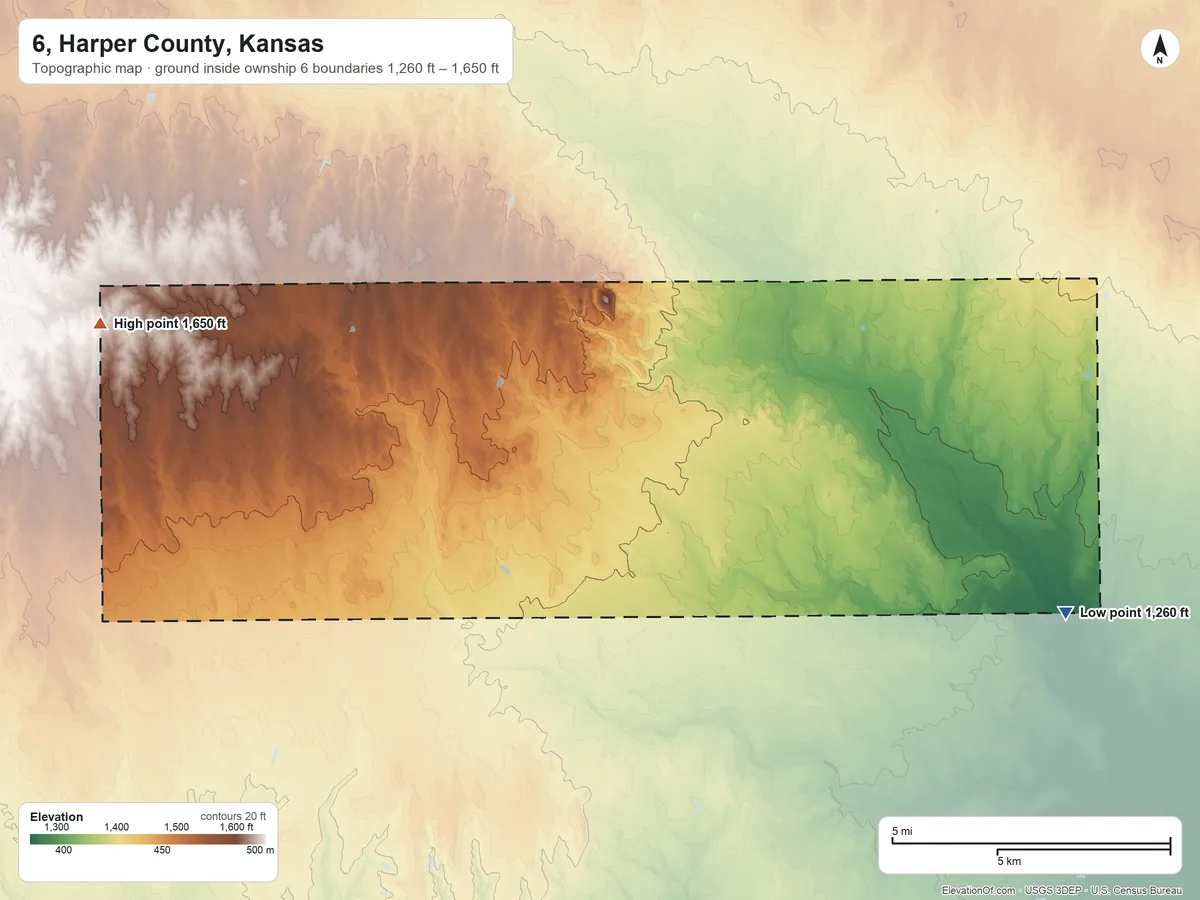 Topographic elevation map of 6, Harper County, Kansas, shaded from 1,260 ft on the east side to 1,650 ft on the west side