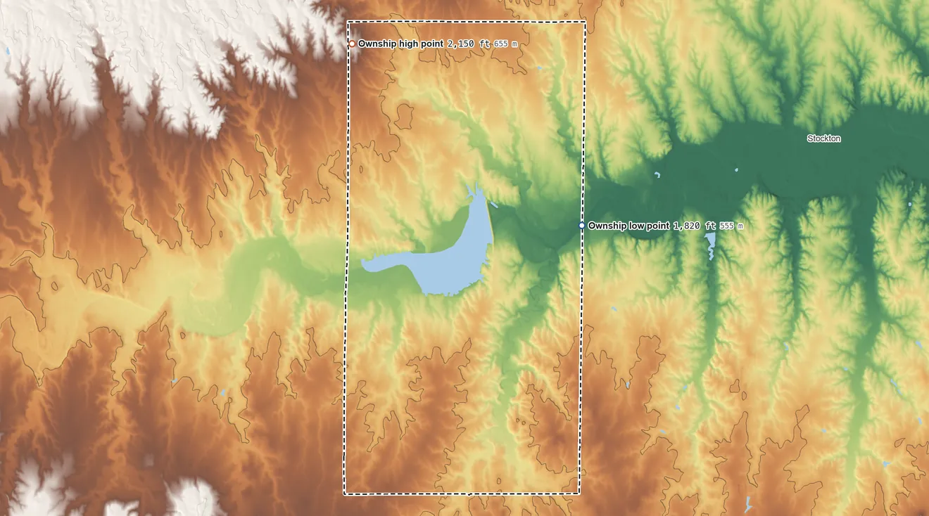 Topographic elevation map of 6, Rooks County, Kansas, shaded from 1,820 ft on the southeast side to 2,150 ft on the northwest side