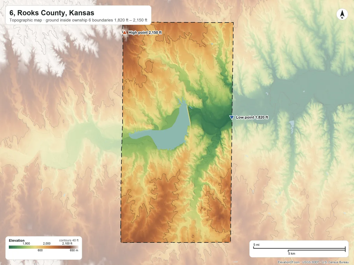 Topographic elevation map of 6, Rooks County, Kansas, shaded from 1,820 ft on the southeast side to 2,150 ft on the northwest side