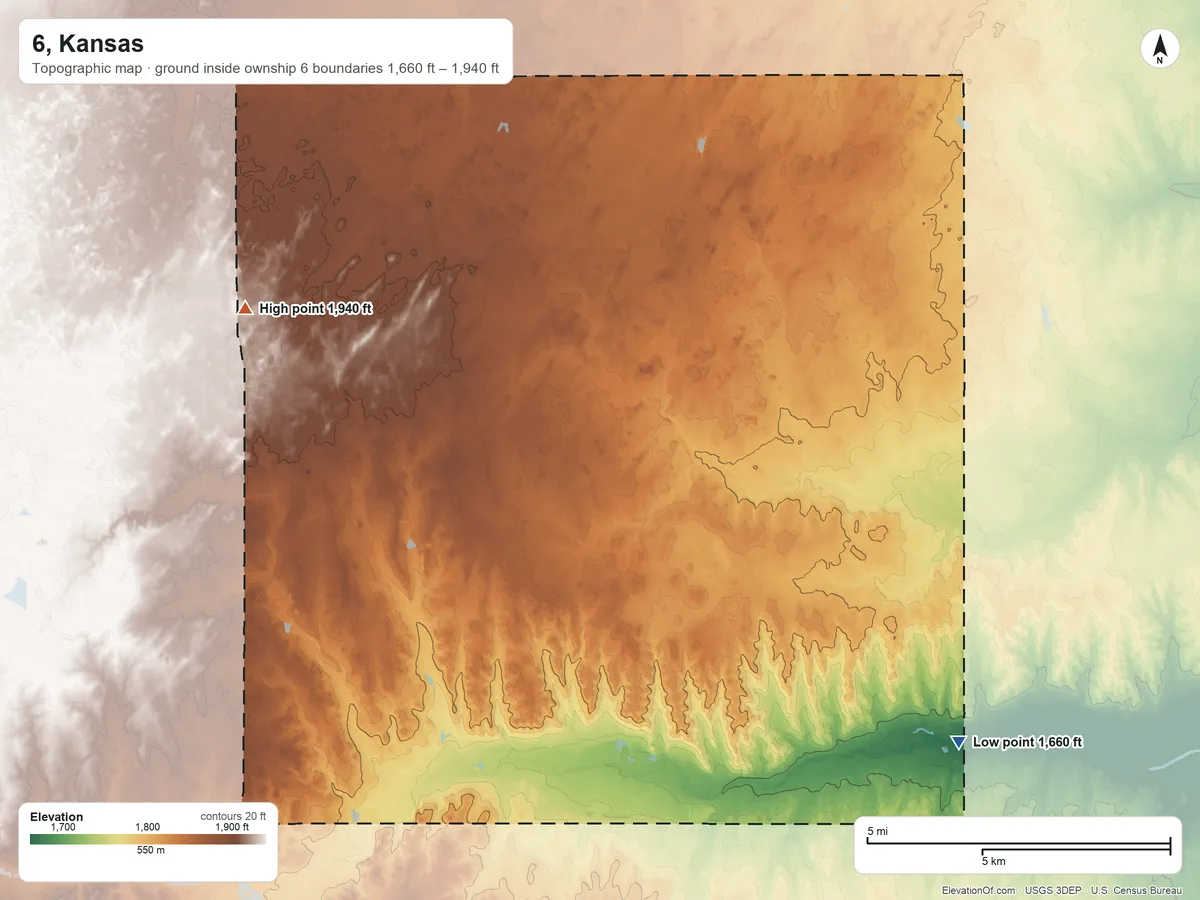 Topographic elevation map of 6, Kansas, shaded from 1,660 ft on the southeast side to 1,940 ft on the northwest side