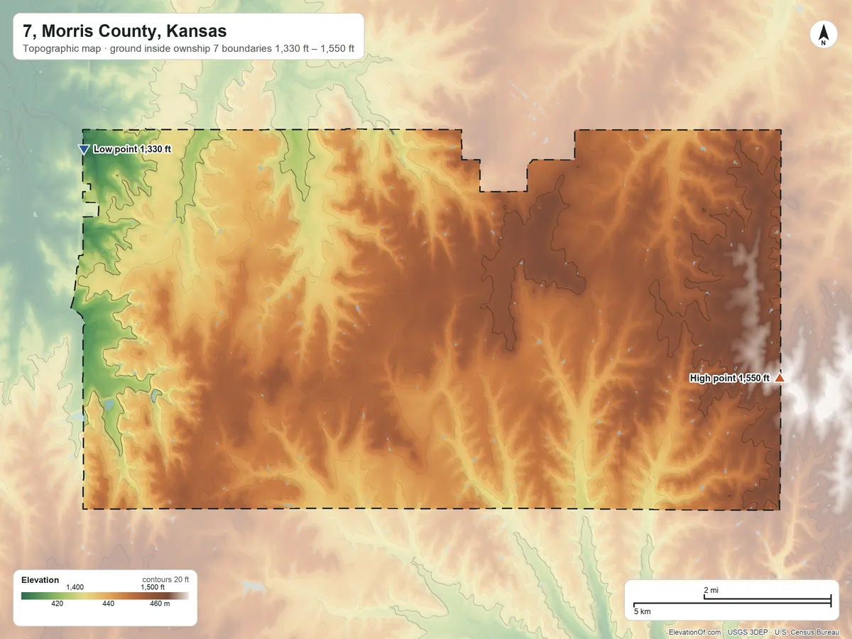 Topographic elevation map of 7, Morris County, Kansas, shaded from 1,330 ft on the northwest side to 1,550 ft on the east side