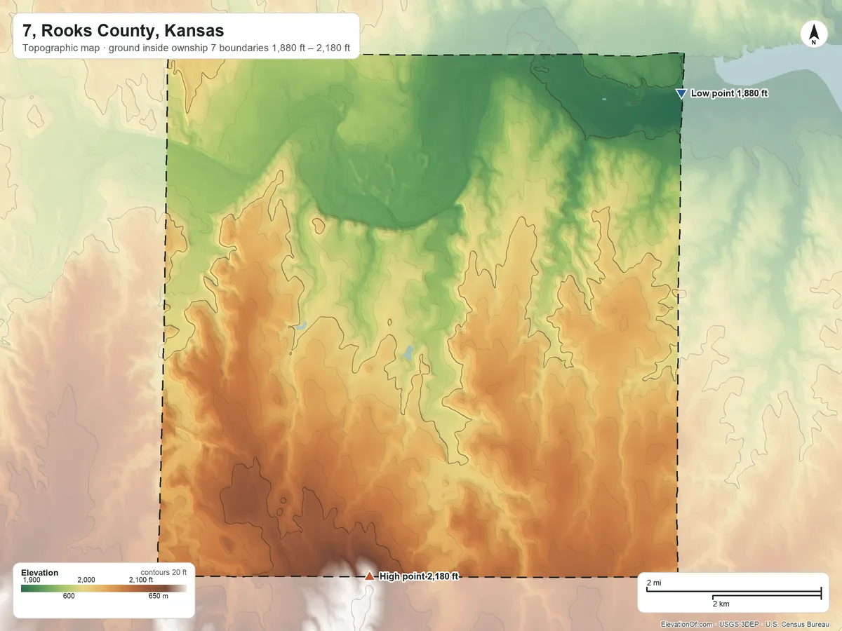 Topographic elevation map of 7, Rooks County, Kansas, shaded from 1,880 ft on the northeast side to 2,180 ft on the southeast side