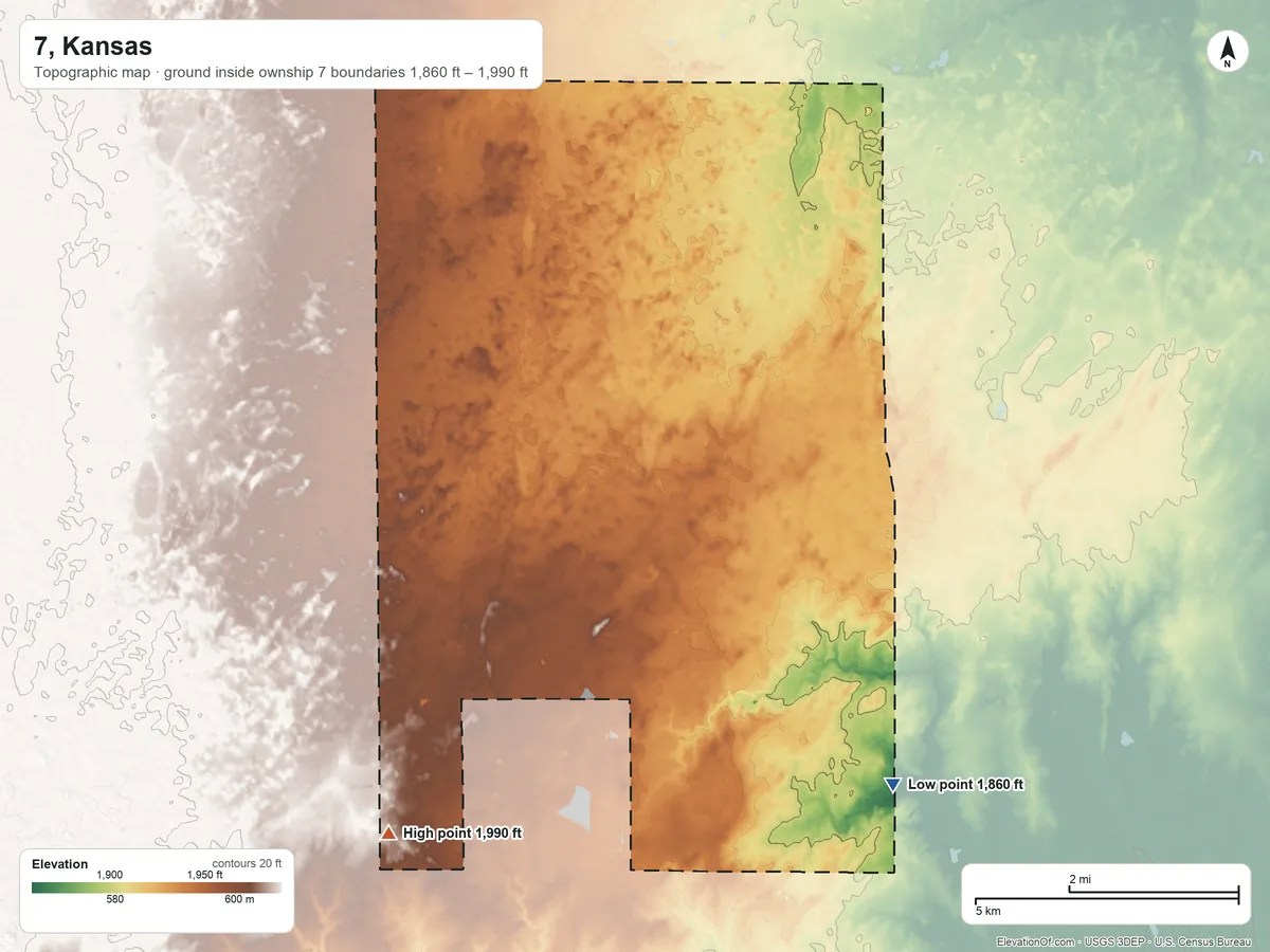Topographic elevation map of 7, Kansas, shaded from 1,860 ft on the southeast side to 1,990 ft on the southwest side