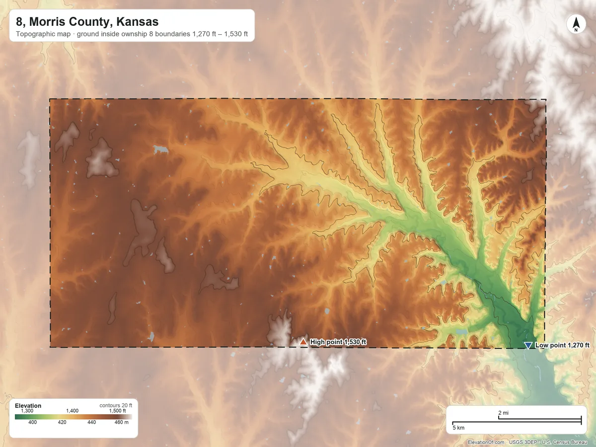 Topographic elevation map of 8, Morris County, Kansas, shaded from 1,270 ft on the east side to 1,530 ft on the southeast side