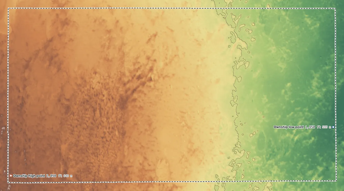 Topographic elevation map of 8, Pratt County, Kansas, shaded from 1,950 ft on the southeast side to 2,090 ft on the southwest side