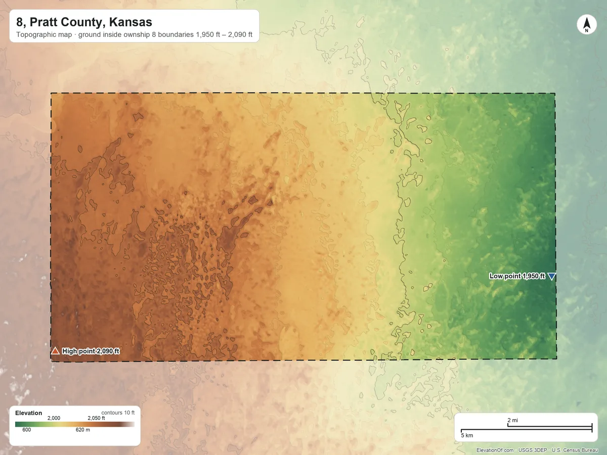 Topographic elevation map of 8, Pratt County, Kansas, shaded from 1,950 ft on the southeast side to 2,090 ft on the southwest side