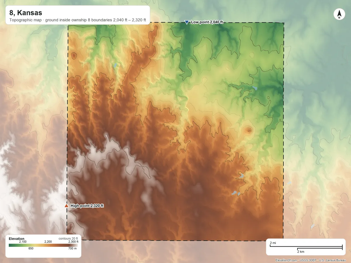 Topographic elevation map of 8, Kansas, shaded from 2,040 ft on the north side to 2,320 ft on the southwest side