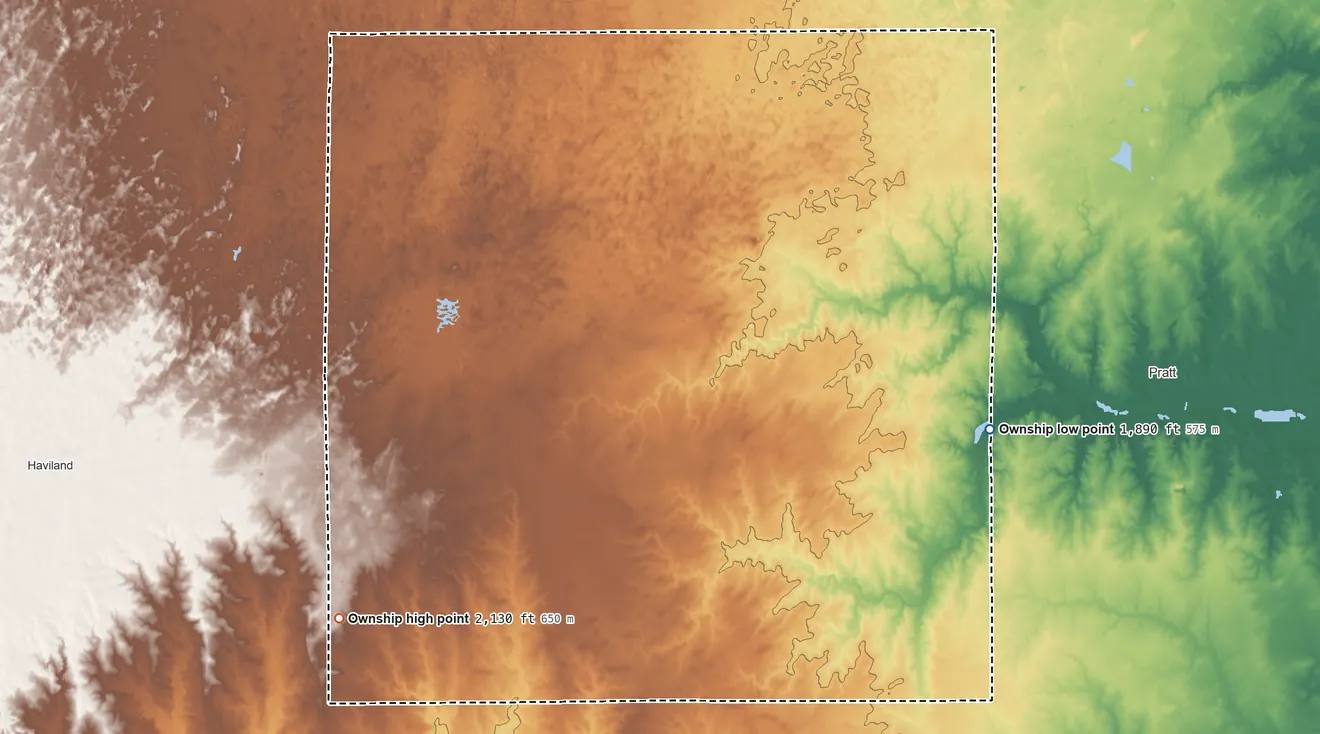 Topographic elevation map of 9, Pratt County, Kansas, shaded from 1,890 ft on the east side to 2,130 ft on the southwest side