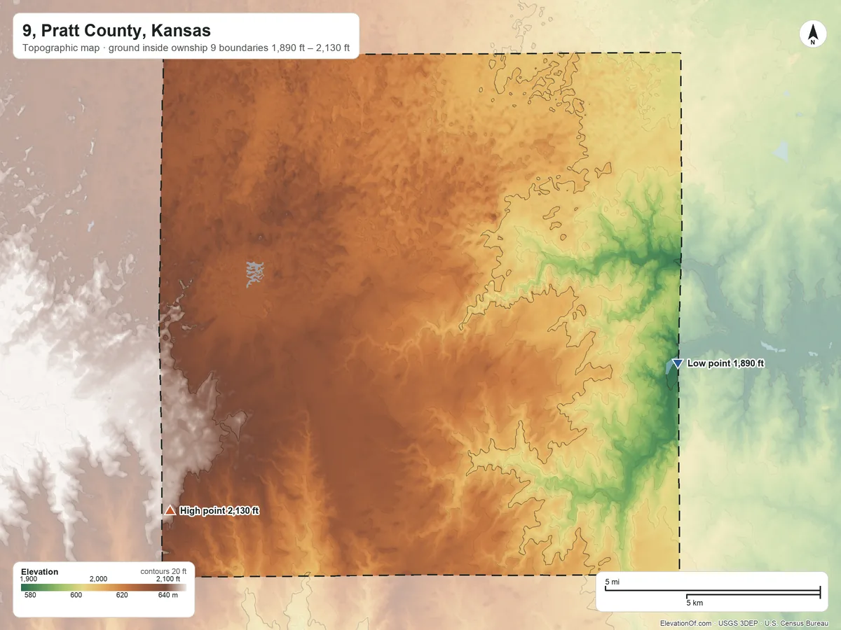 Topographic elevation map of 9, Pratt County, Kansas, shaded from 1,890 ft on the east side to 2,130 ft on the southwest side