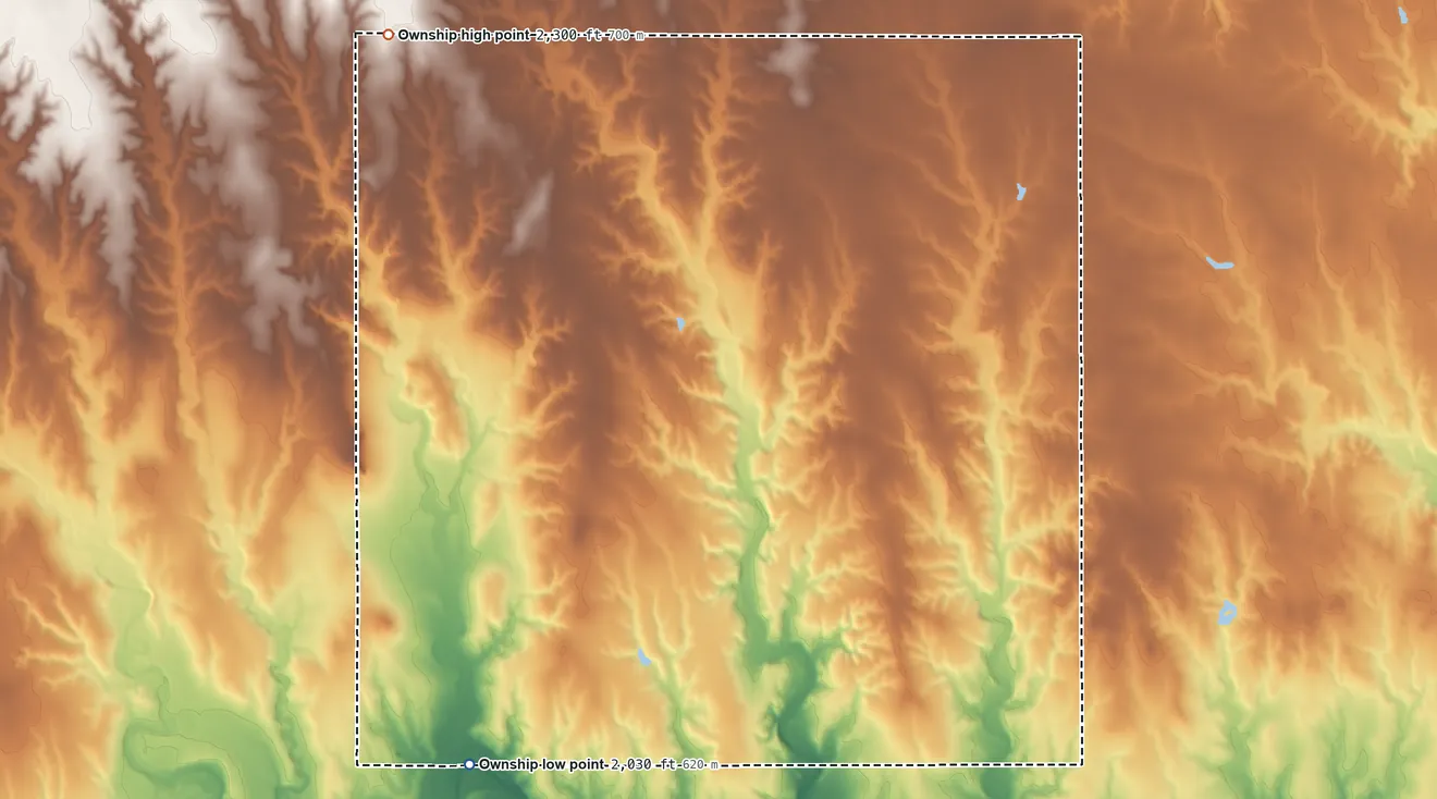 Topographic elevation map of 9, Rooks County, Kansas, shaded from 2,030 ft on the south side to 2,300 ft on the west side