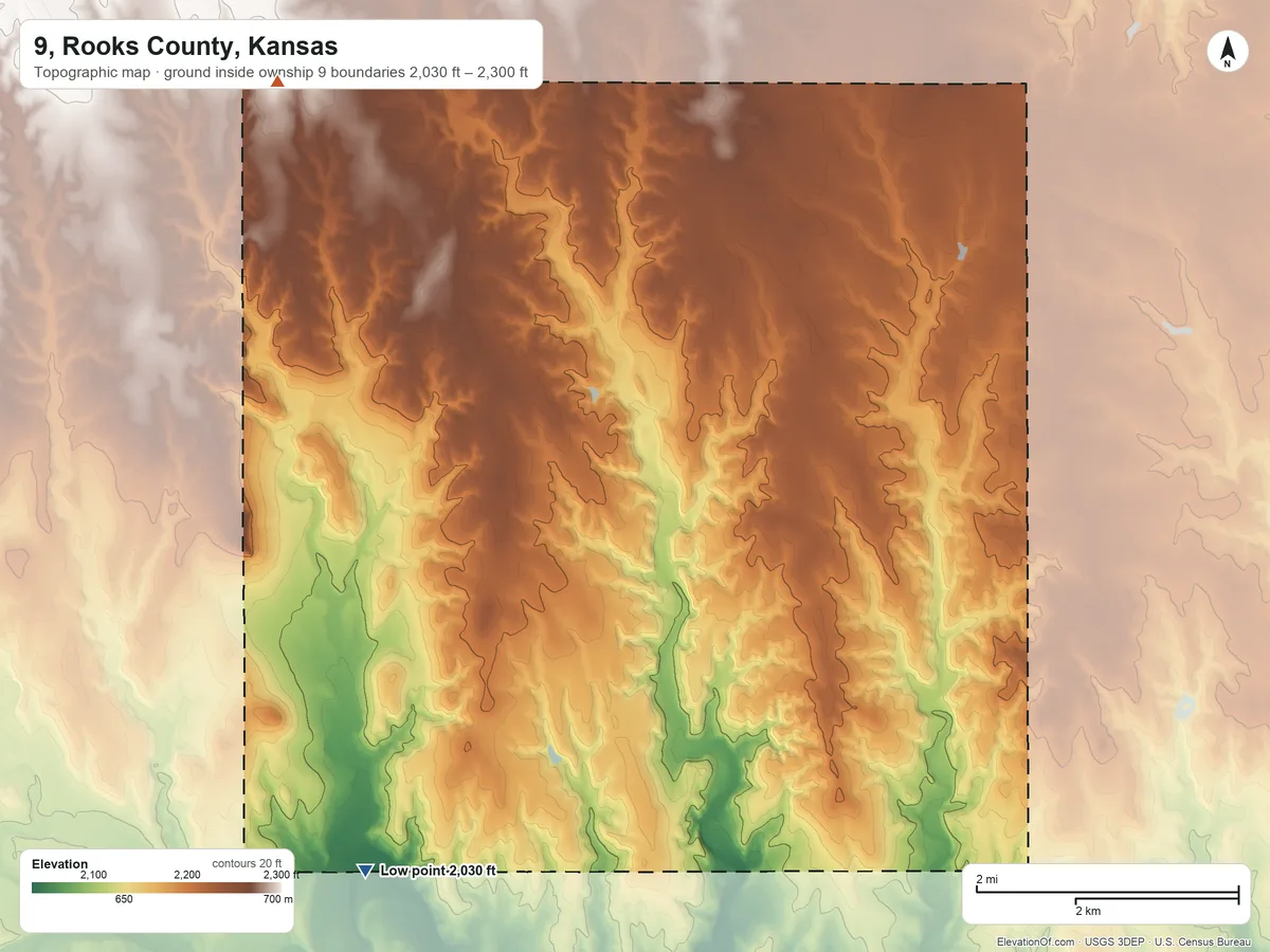 Topographic elevation map of 9, Rooks County, Kansas, shaded from 2,030 ft on the south side to 2,300 ft on the west side