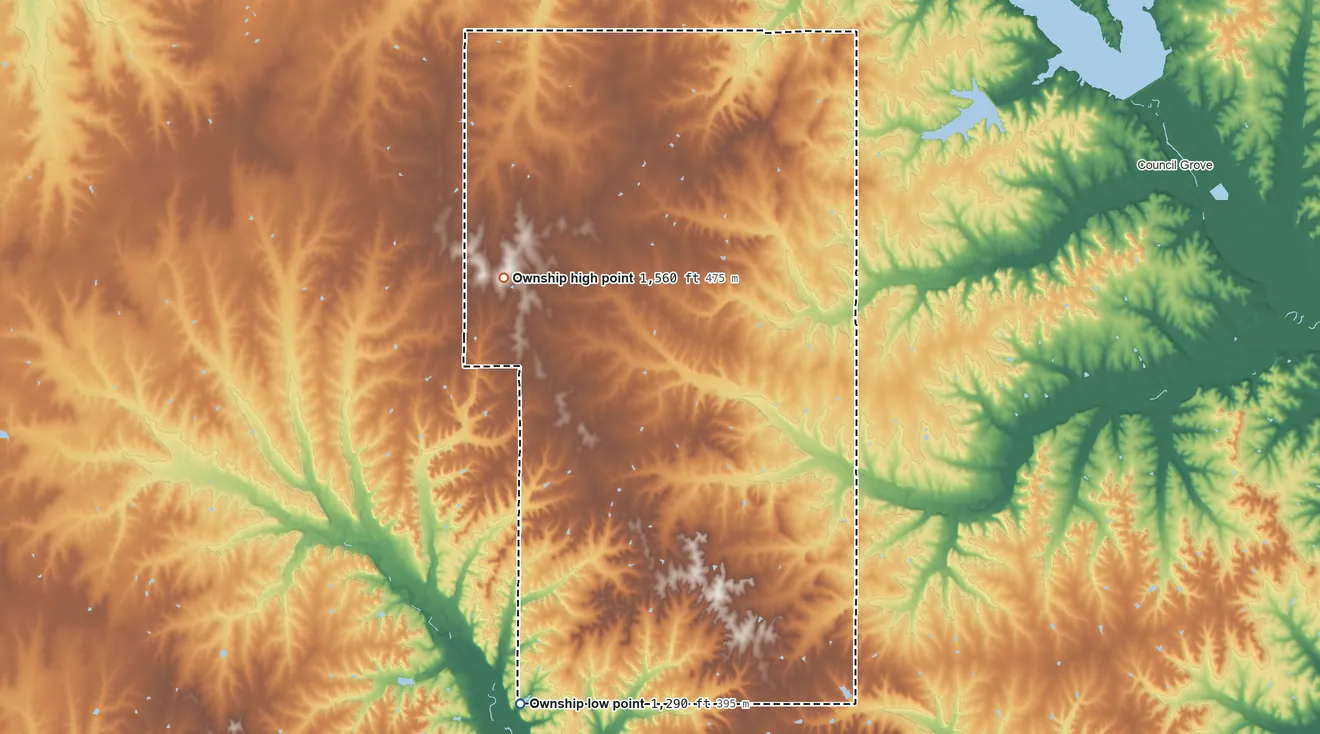 Topographic elevation map of 9, Kansas, shaded from 1,290 ft on the south side to 1,560 ft on the west side