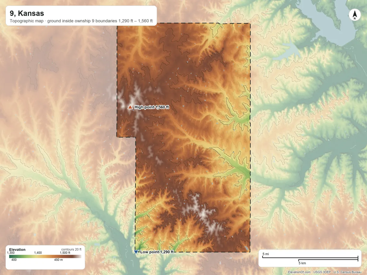Topographic elevation map of 9, Kansas, shaded from 1,290 ft on the south side to 1,560 ft on the west side