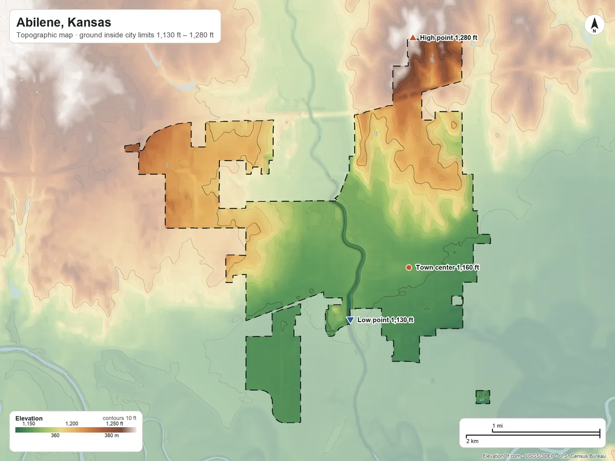 Topographic elevation map of Abilene, Kansas, shaded from 1,130 ft on the southwest side to 1,280 ft on the north side