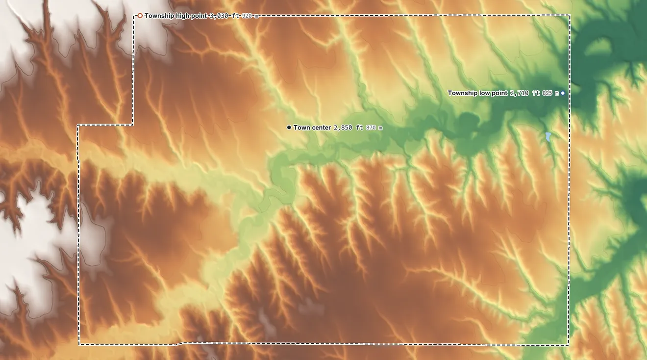 Topographic elevation map of Achilles Township, Kansas, shaded from 2,710 ft on the east side to 3,030 ft on the northwest side