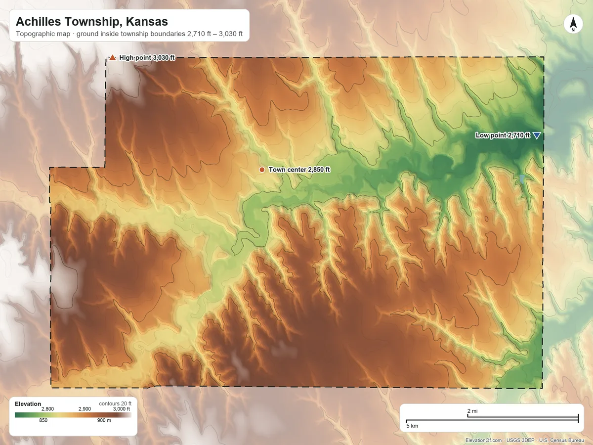 Topographic elevation map of Achilles Township, Kansas, shaded from 2,710 ft on the east side to 3,030 ft on the northwest side