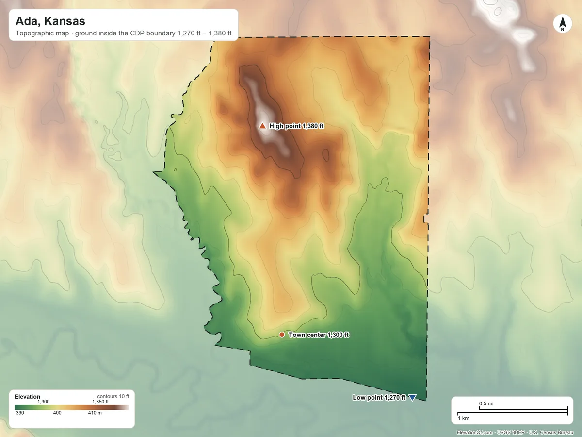 Topographic elevation map of Ada, Kansas, shaded from 1,270 ft on the southeast side to 1,380 ft on the north side