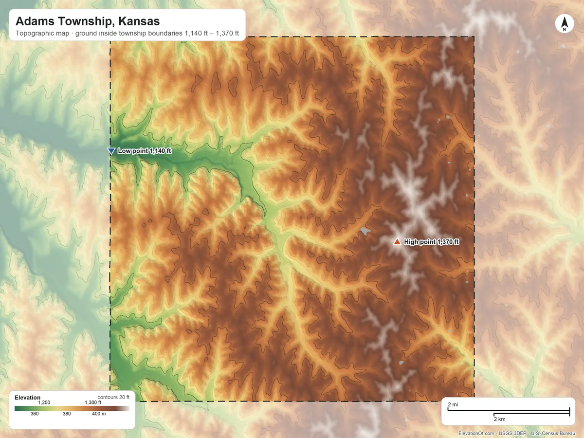 Topographic elevation map of Adams Township, Kansas, shaded from 1,140 ft on the west side to 1,370 ft on the east side