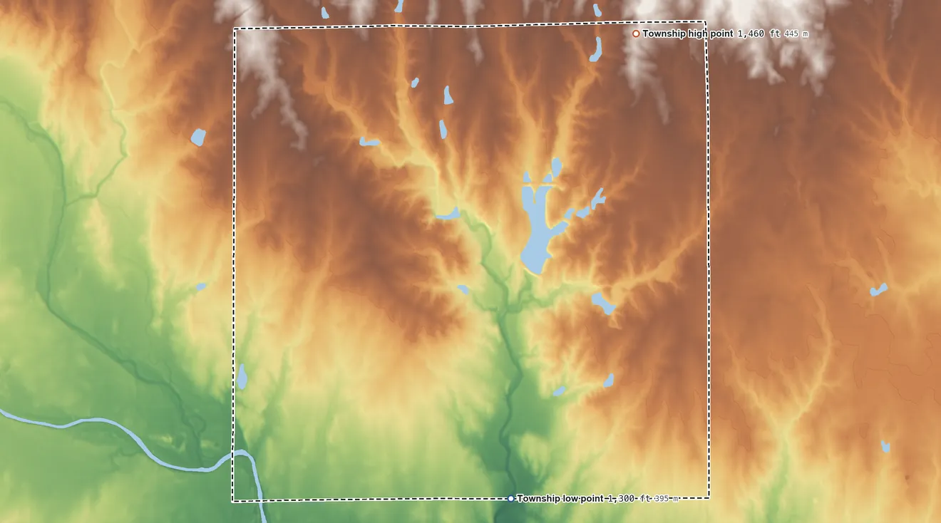 Topographic elevation map of Afton Township, Kansas, shaded from 1,300 ft on the south side to 1,460 ft on the northeast side